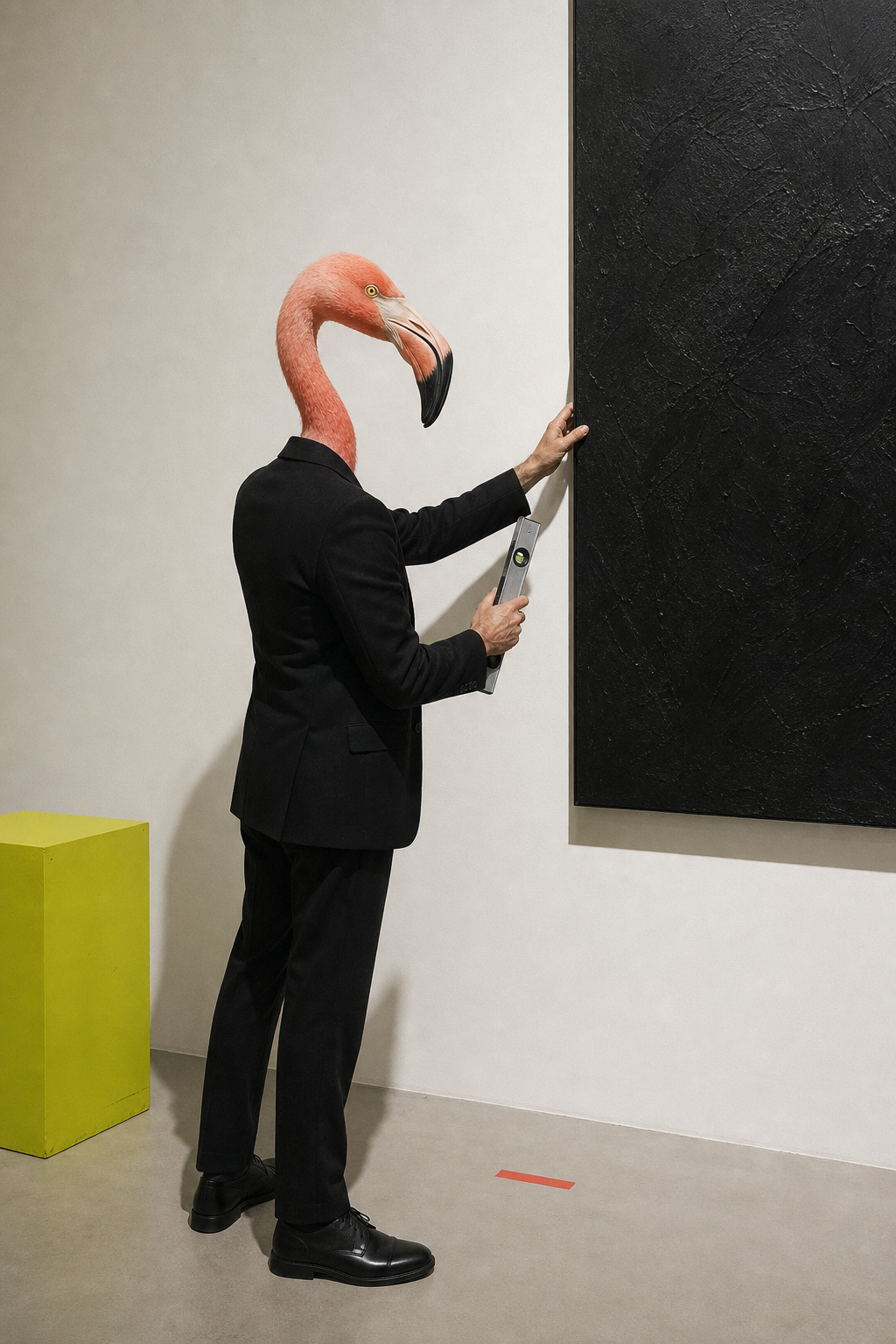 Curatore con testa di fenicottero installa un'opera in galleria