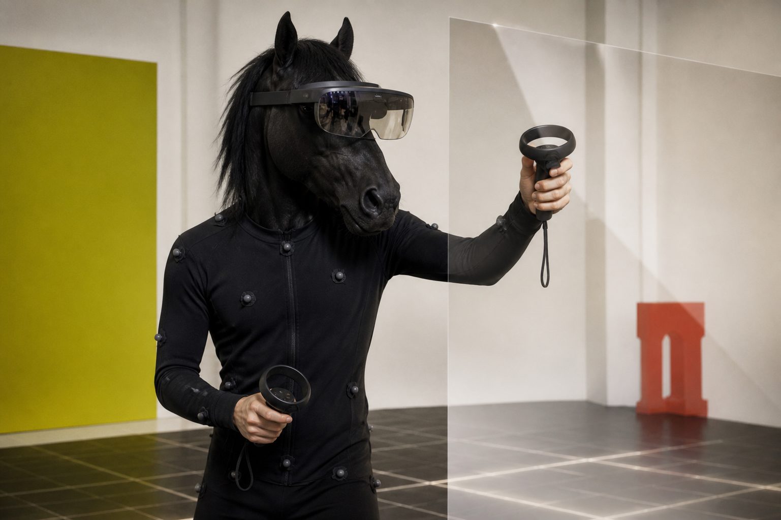 Designer immersive reality con testa di cavallo esplora uno spazio virtuale