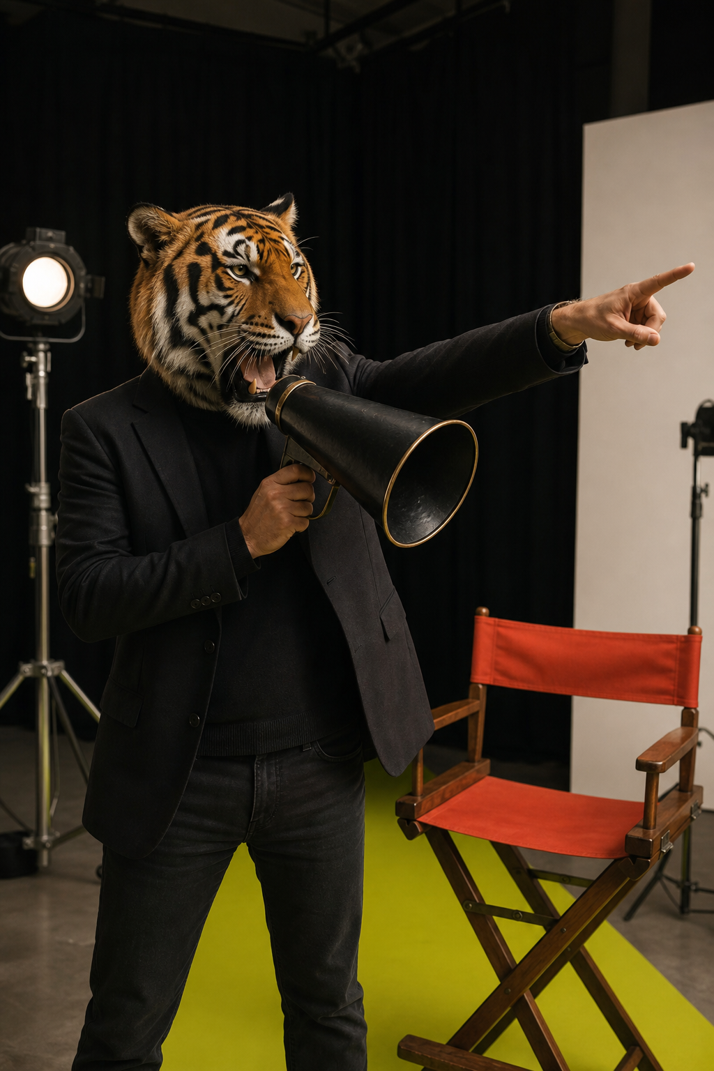 Regista con testa di tigre dirige un set cinematografico