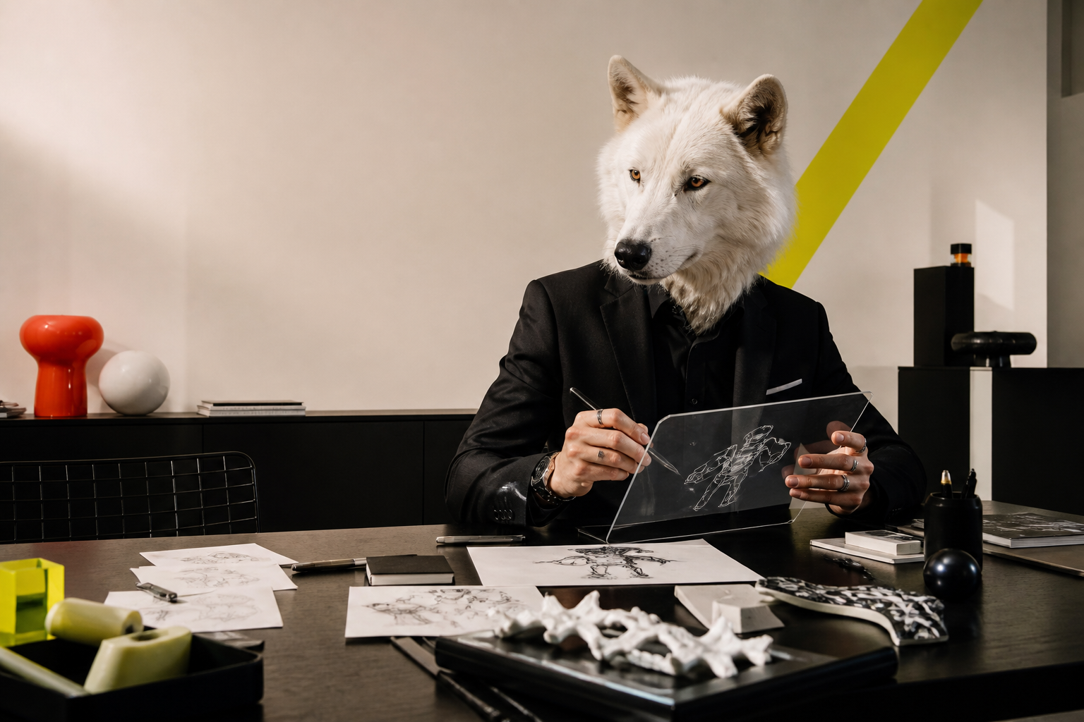 Creative director con testa di lupo disegna su un tavolo da studio